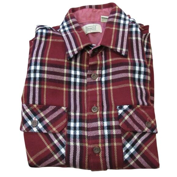 Vintage Sears Red Plaid Flannel Lightweight Button Shirt Large 16-16 1/2 - Picture 9 of 14